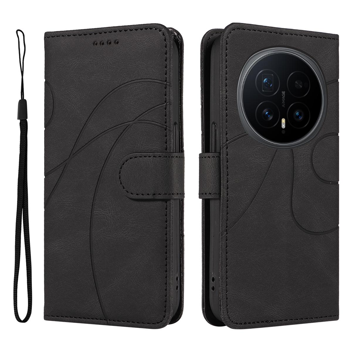 

For Honor Magic8 5G Wallet Case Leather Phone Cover Stand with Curved Line Design - Black