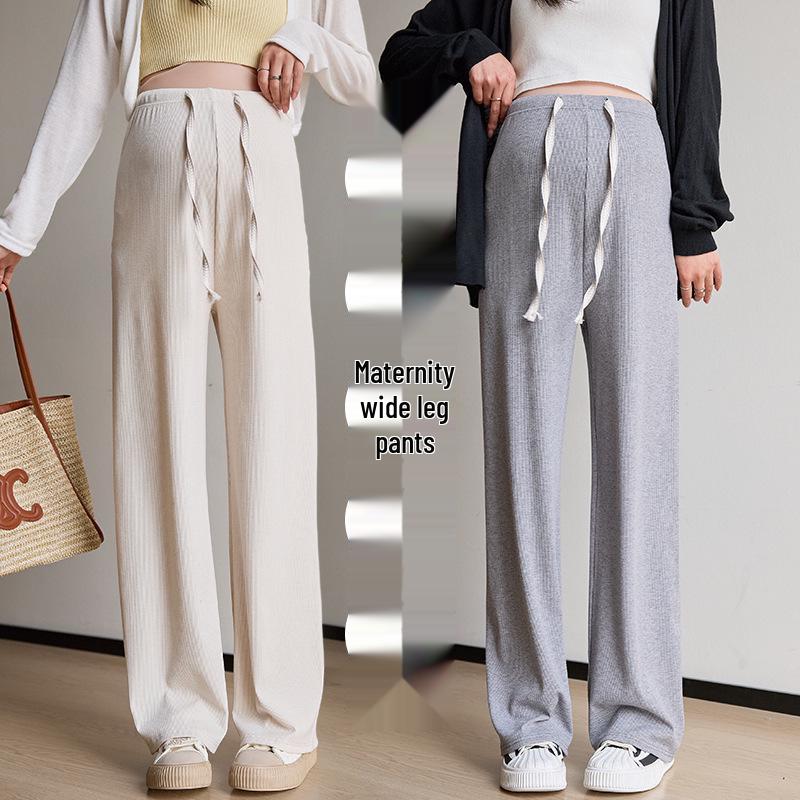 2024 Spring/Summer Maternity Wide-Leg Drawstring Pants - Long, Straight-Leg, No Belly Support, Casual Fit