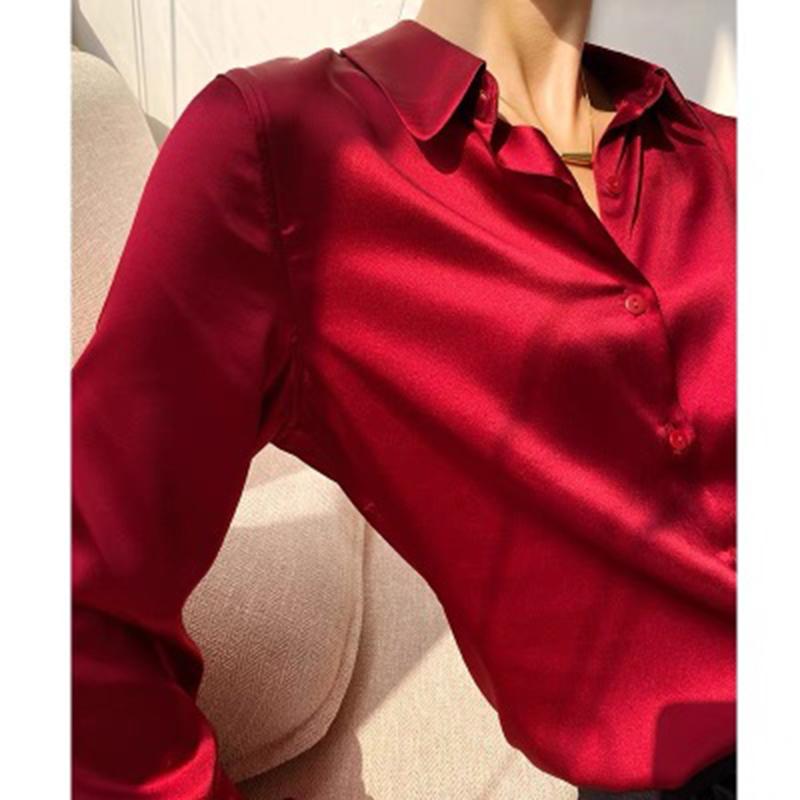 Mote Uformelt kontor Dame satengskjorte Løse lange ermede topper Solid Plus Size Damebluser Elegant Button Up Vintage Enkle Dameskjorter 25678