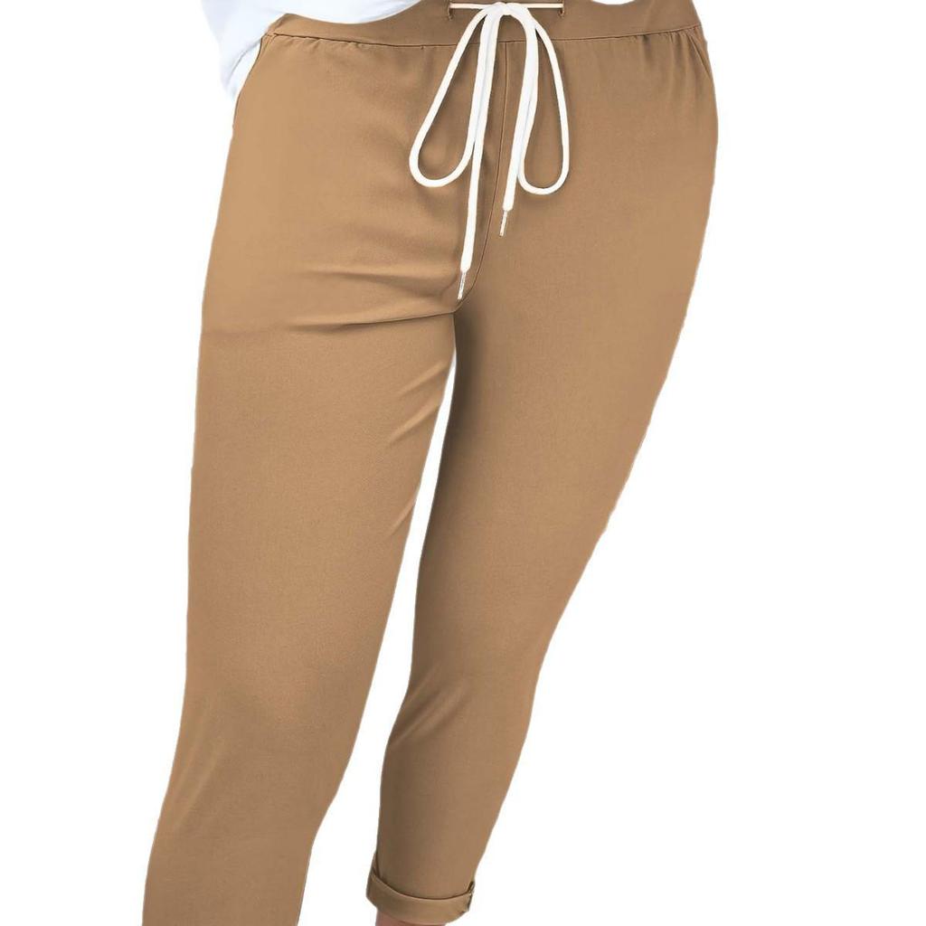 2025 Women's Solid Color Tie-Waist Cuffed Long Pants - Versatile European & American Style
