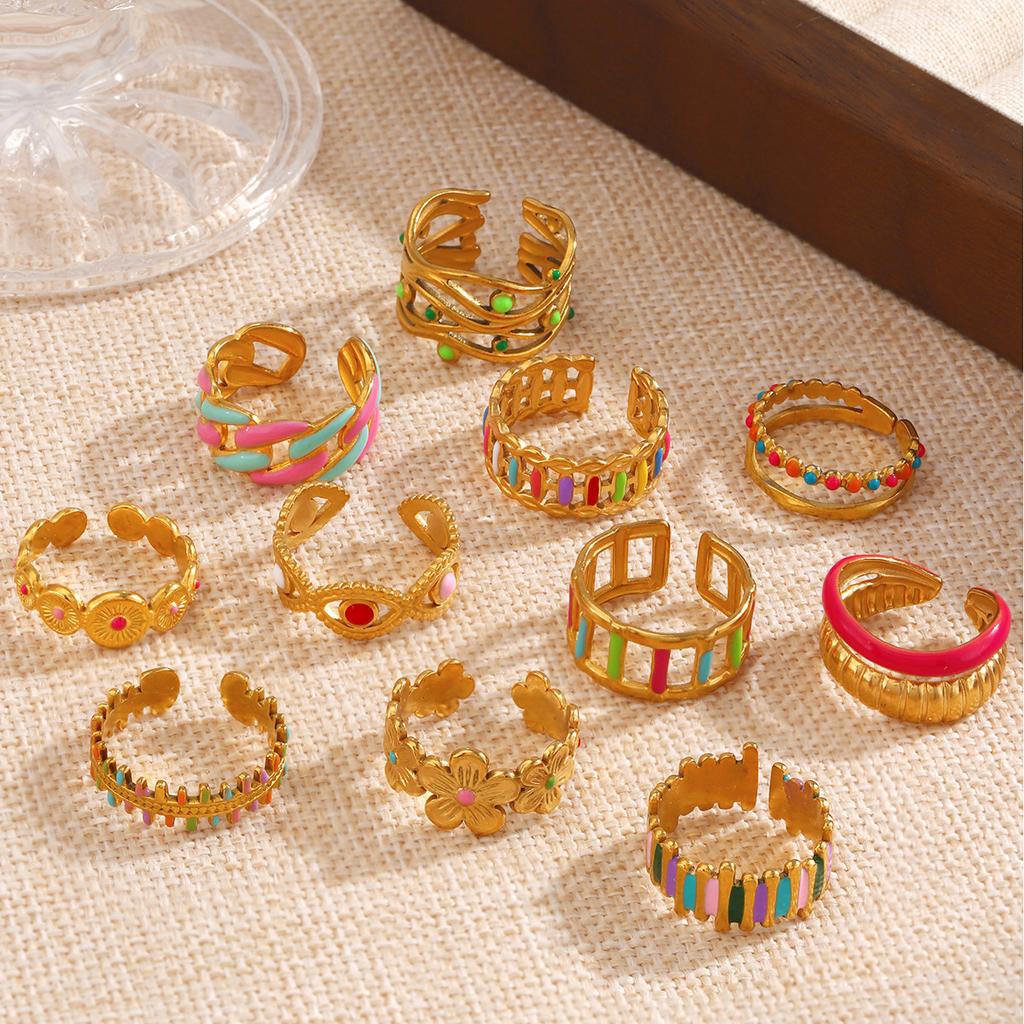Stainless Steel Geometric Flower Color Ring Female,Fashionable, Trendy, Personalized, Hip-hop, Oil Drop Ring Accessories, Gifts