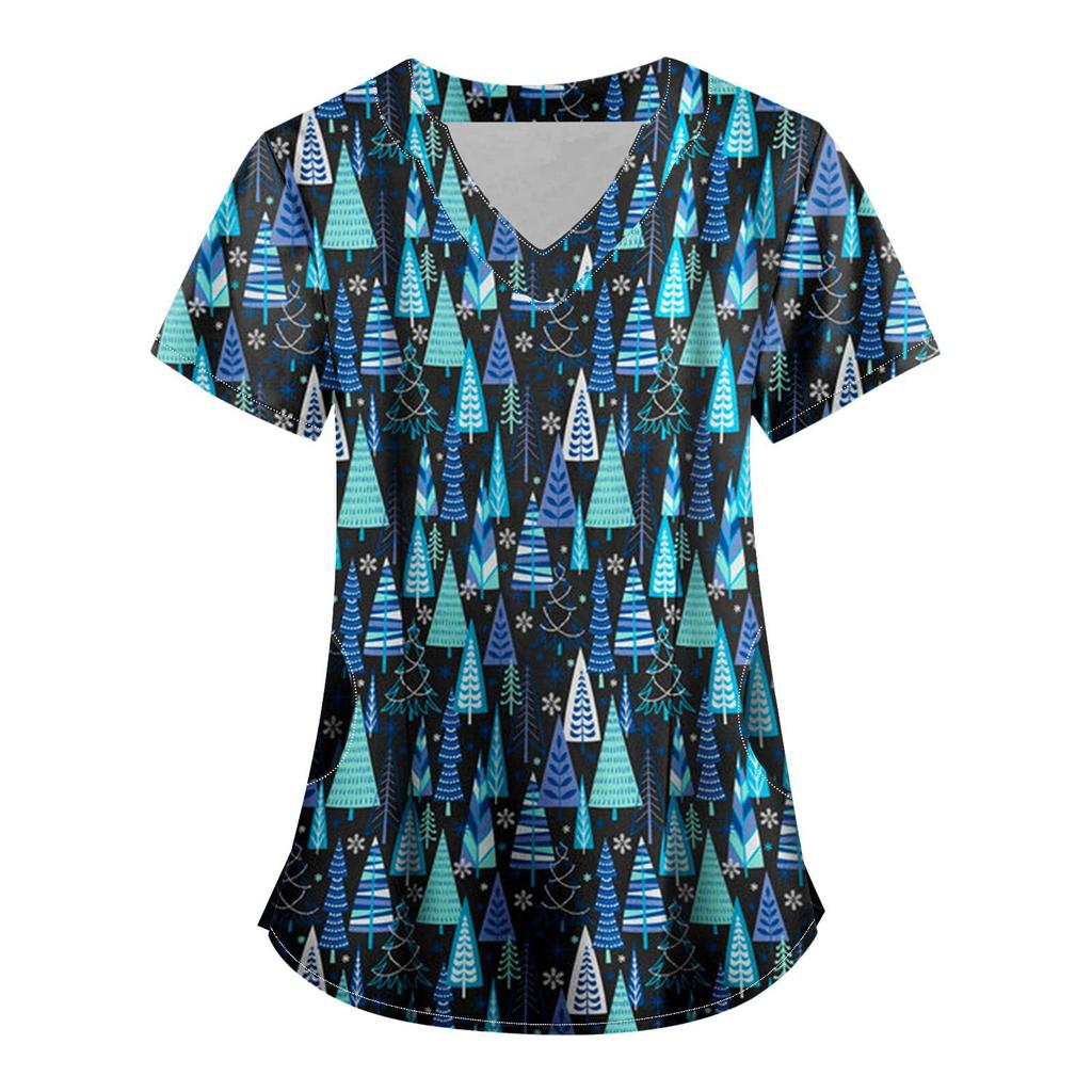 Uniform V-neck short sleeve fashion nursing clothes tops beauty t-shirt wholesale nursing clothes Christmas snowman print