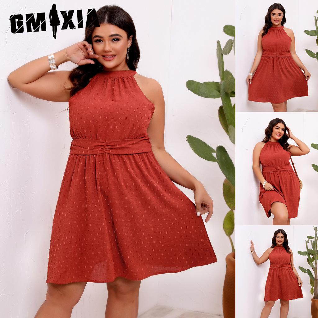 GMXIA Summer Women's Dress In Large Size, Semi-high Neck, Halter, Cinched Waist, Jacquard Solid Color