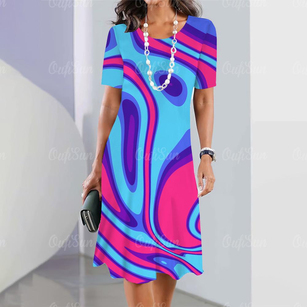 Summer Women's Dress Short-sleeved A-line Color Skirt Irregular 3d Printing 3 Fashion Loose Round Neck Dress