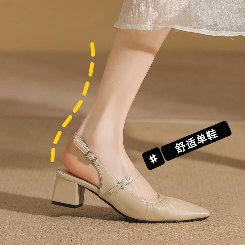 Summer new thick heel bag head sandals women's word with pleated square head heel single shoes