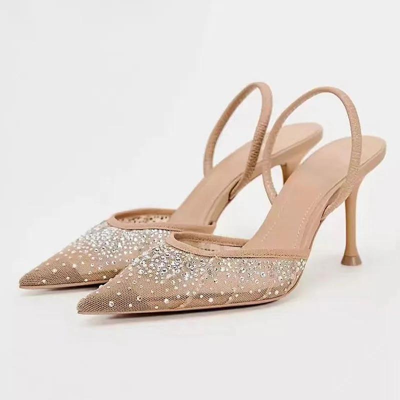 Summer Women Pointed Toe High Heels Sandals Sexy Mesh Shiny Rhinestones Elegant Party Wedding Slingback Ladies Shoes 37