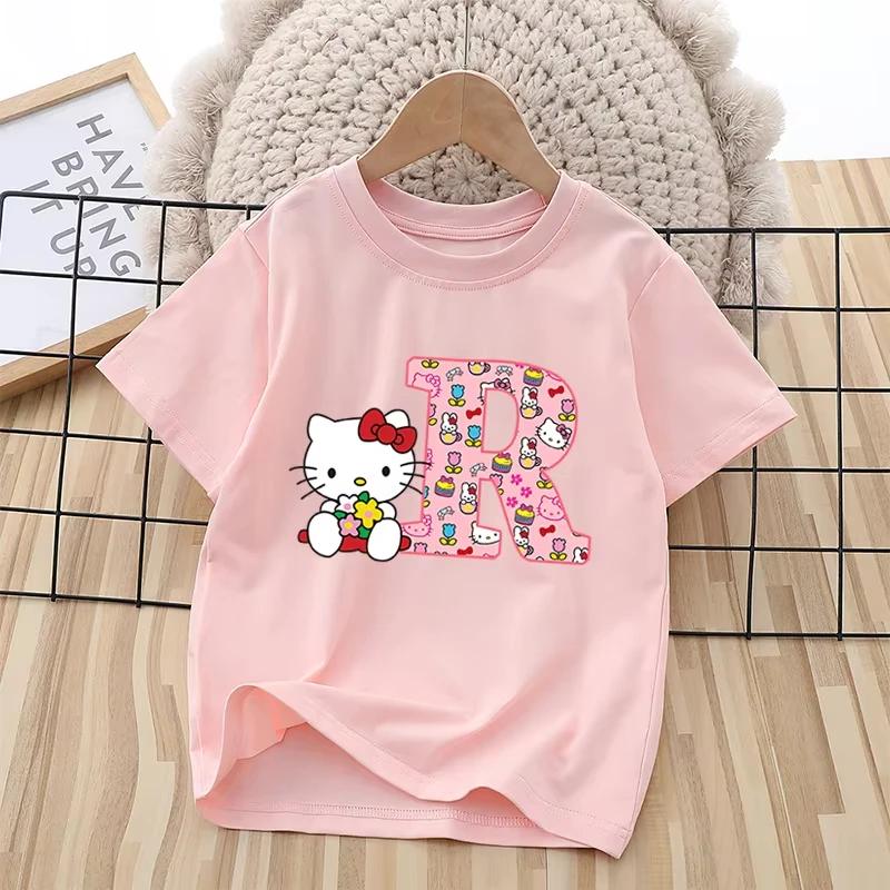 2026 Summer New Trendy Cool Children's T-shirt Katie Cat Letter Printed Pure Cotton Round Neck Parent Child Wear Unisex