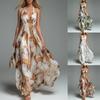 Women Bohemian Print V Neck Halter Maxi Dress Casual Summer Beach Holiday Dress