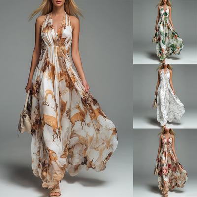 Women Bohemian Print V Neck Halter Maxi Dress Casual Summer Beach Holiday Dress
