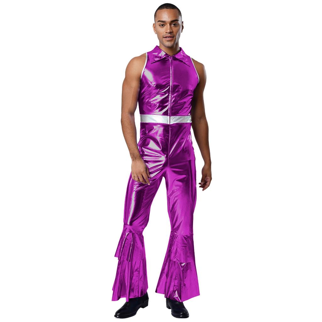 Mens 70s Jumpsuit Shiny Metallic Lapel Collar Sleeveless High Waist Flared Pants Disco Dance Singer Outfit