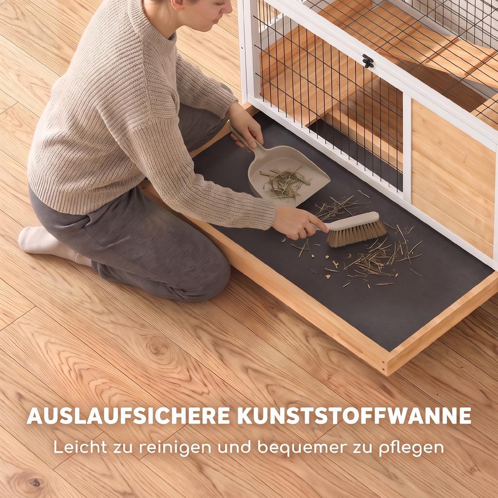Wooden Rabbit Hutch with 2 Levels, Hinged Roof, Wheels, Two Entrances, Ramp, and Pull-out Tray, 90x53x59cm