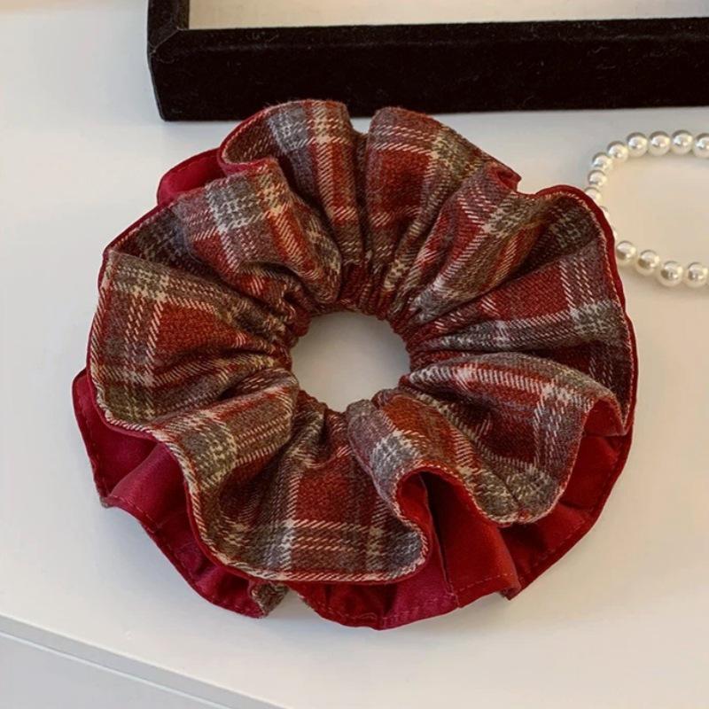 Korean Red Plaid Satin Double-Layer Hair Tie for Women - High-End Autumn/Winter Accessory