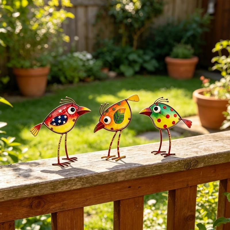 Garden Cartoon Bird Wall Art Decors Set of 3 Colorful Acrylic Hanging Art Piece Plaque for Fence or Wall Decorative Ornaments