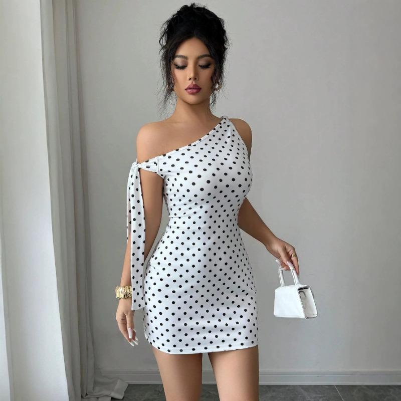 Women Sexy Polka Dot One Shoulder Tie Slim Bodycon Mini Dress