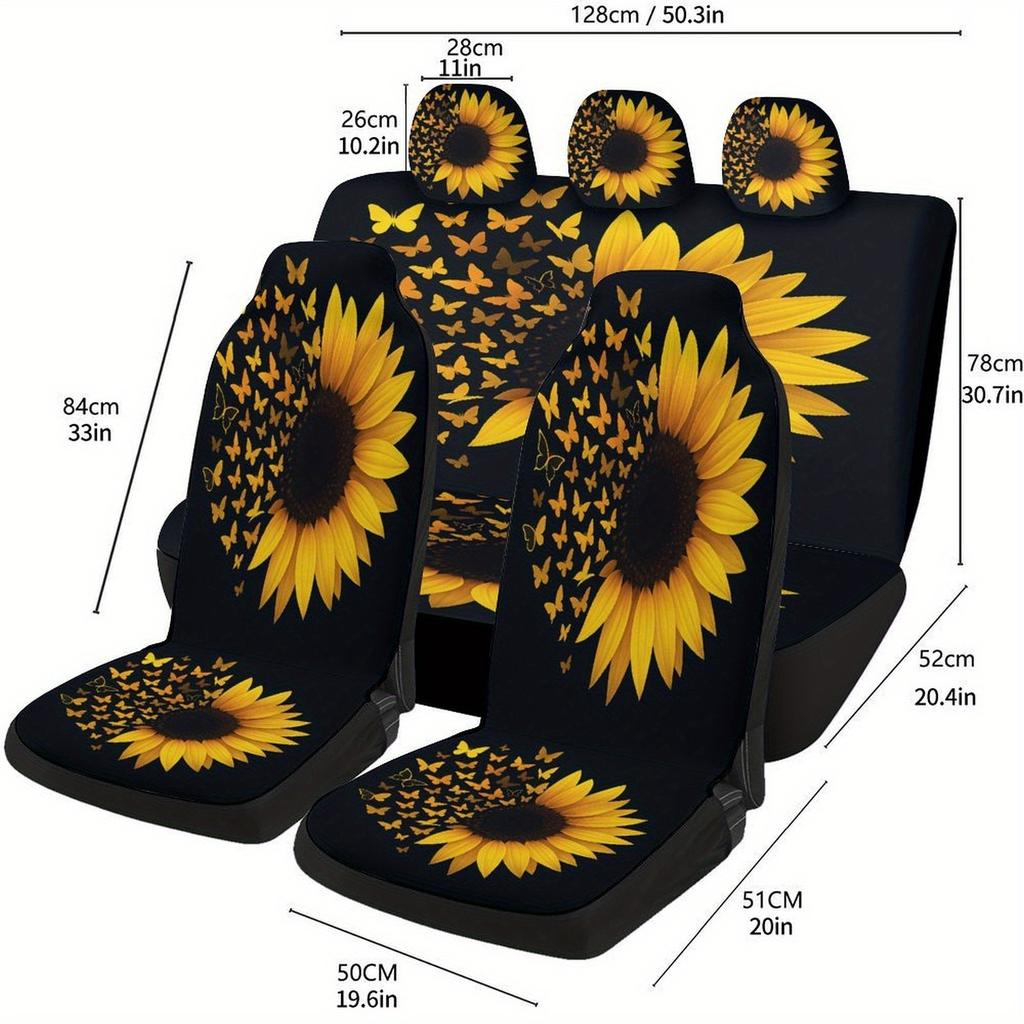 Sunflower Butterflies Designed Car Seat Cover Set For Most Cars, High-Quality Comfortable Car Seat Protector Covers Full Set, Un