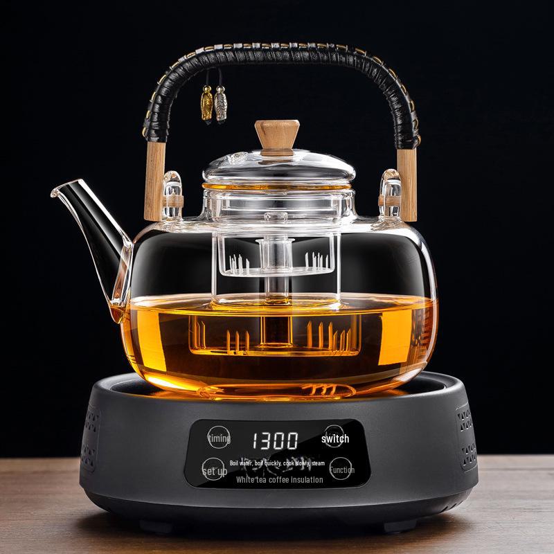 2024 Electric Ceramic Tea Maker and Glass Kettle Set - High Temperature Resistant for Steaming and Boiling, Integrated White Tea Set.