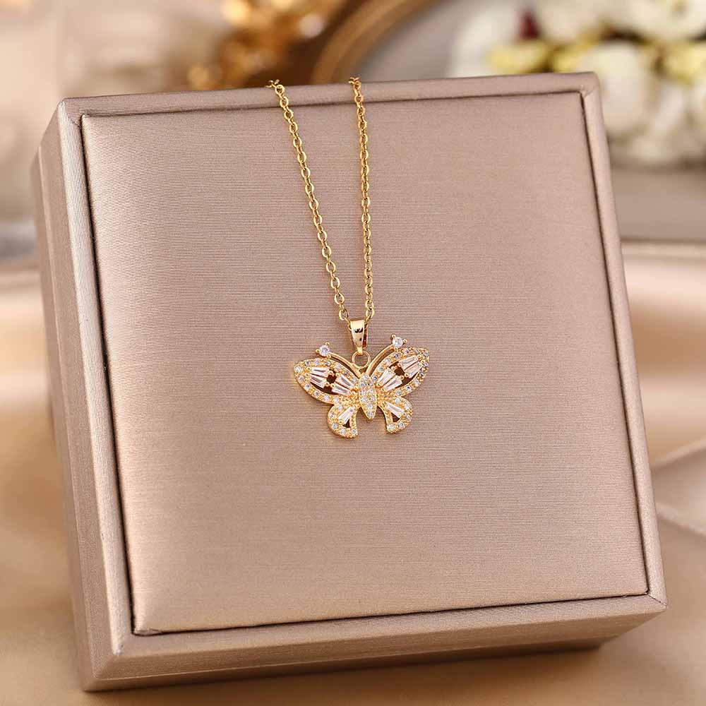 Women's Butterfly Titanium Necklace: Micro-Inlaid Diamonds, Exquisite Luxury, Non-Fading Design