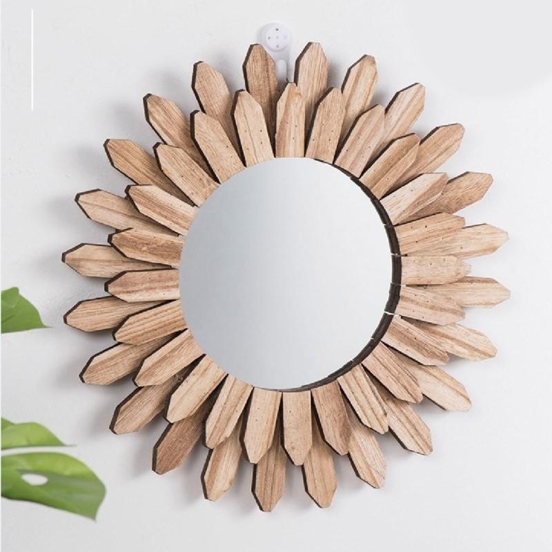 Sun Shape Wooden Round Makeup Mirrored Innovative Art Decors Bathroom Bohemian Wall Hangings Mirrored Living Room Decors