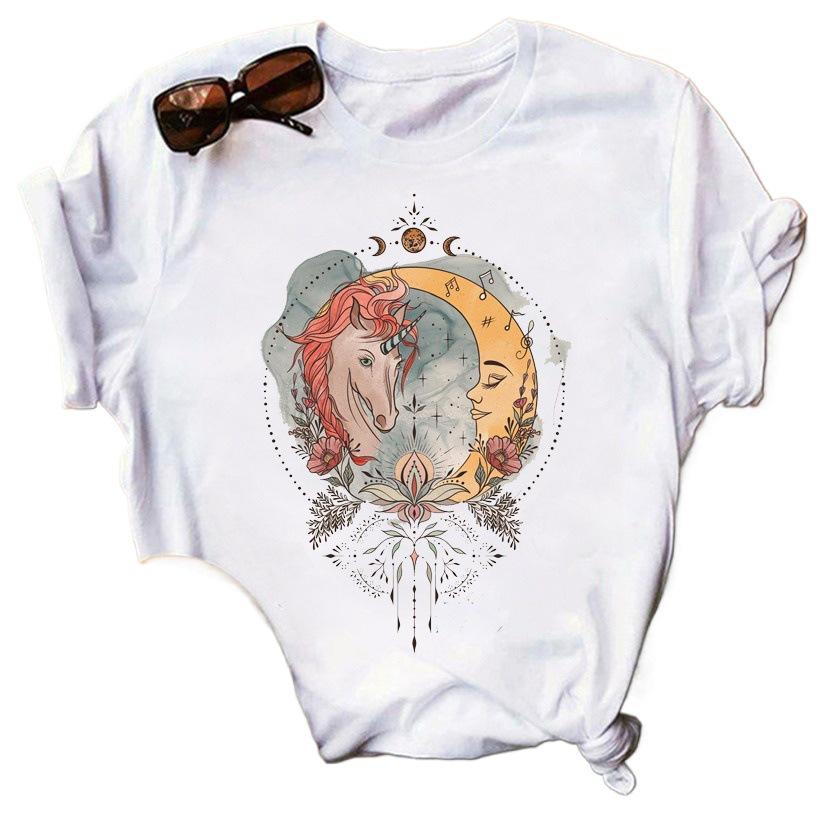 European Moon Print Women's Harajuku Kawaii T-Shirt - Short Sleeve Summer Style