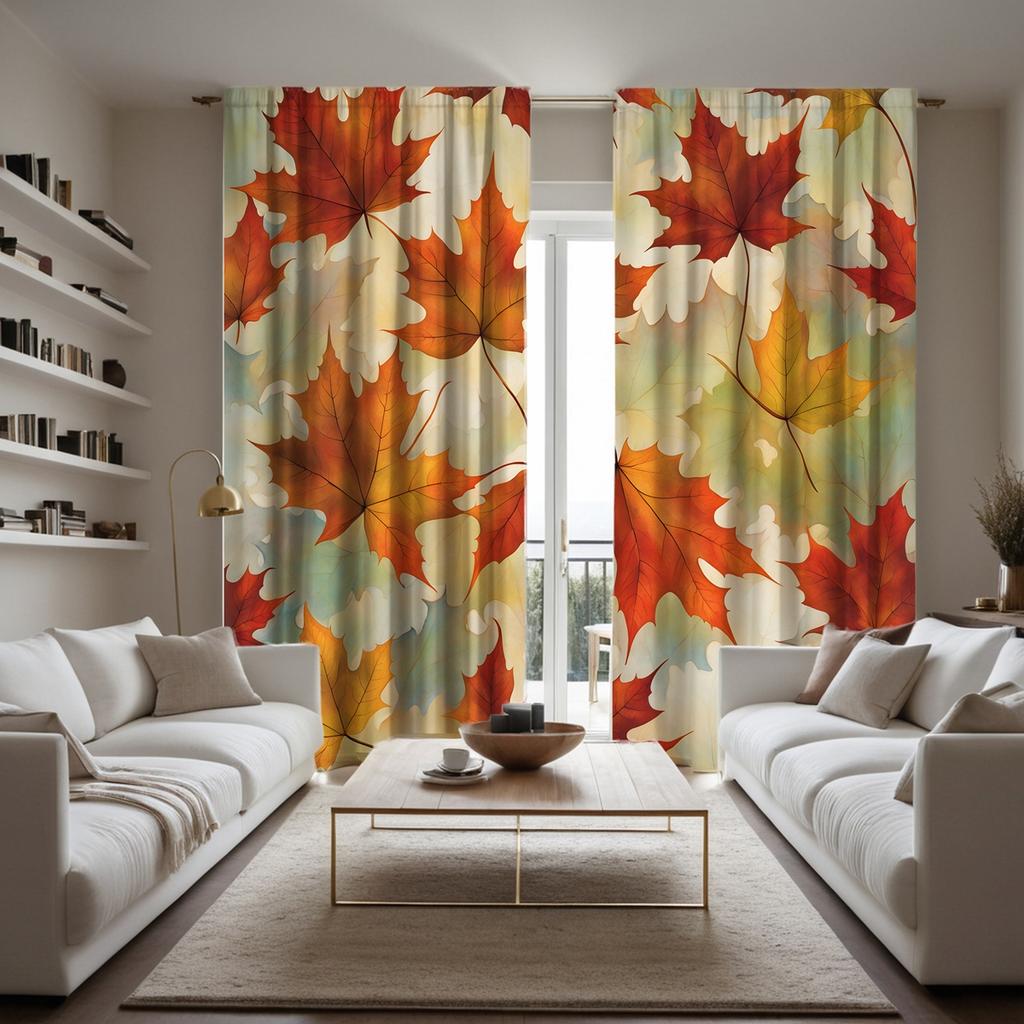 2 bucăți de frunze de arțar roșu de toamnă HD, perdea decorativă, perdea galbenă cu imprimeu digital, decorațiune stil decorațiune casă l