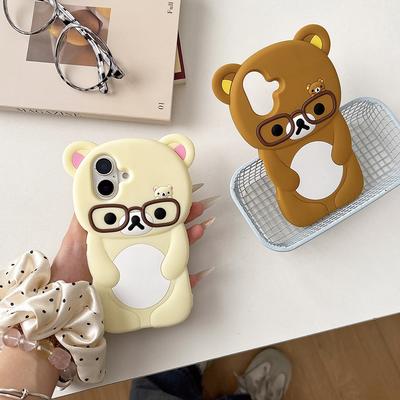 Carina Custodia Posteriore Morbida in Silicone 3D Cartone Animato Occhiali Orso Rilakkuma per iPhone 16 Plus 15 14 13 12 11 Pro X XS Max XR 6 7 8 Plus SE