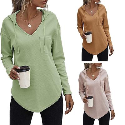 Moletom Feminino de Gola V Manga Longa Suéter Waffle Top Pulôver com Cordão Feminino