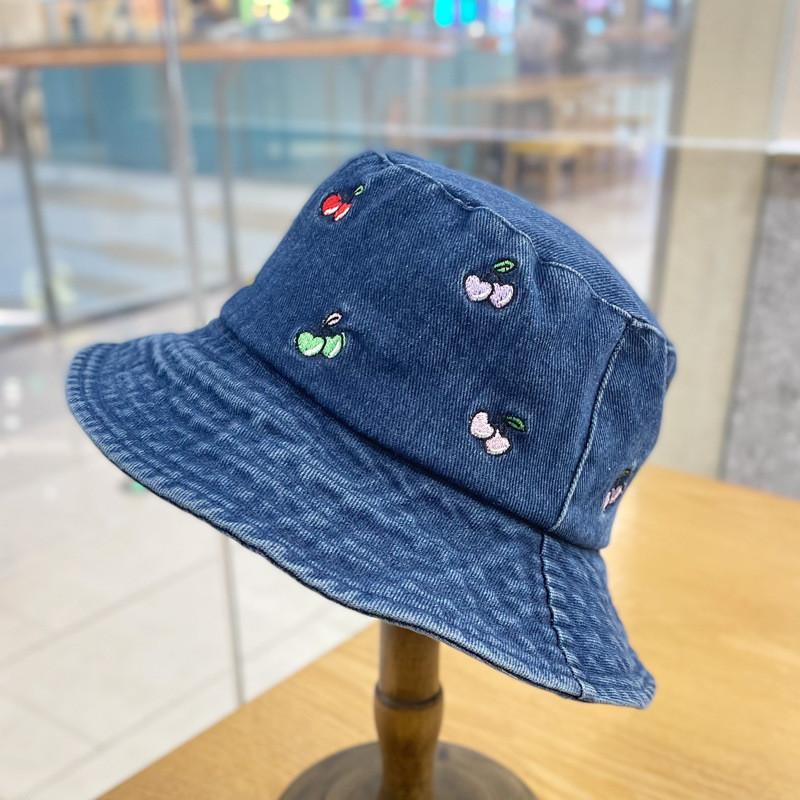 Cute Cherry Embroidery Denim Fisherman Hat Women's Fashion Street Casual Bucket Hat