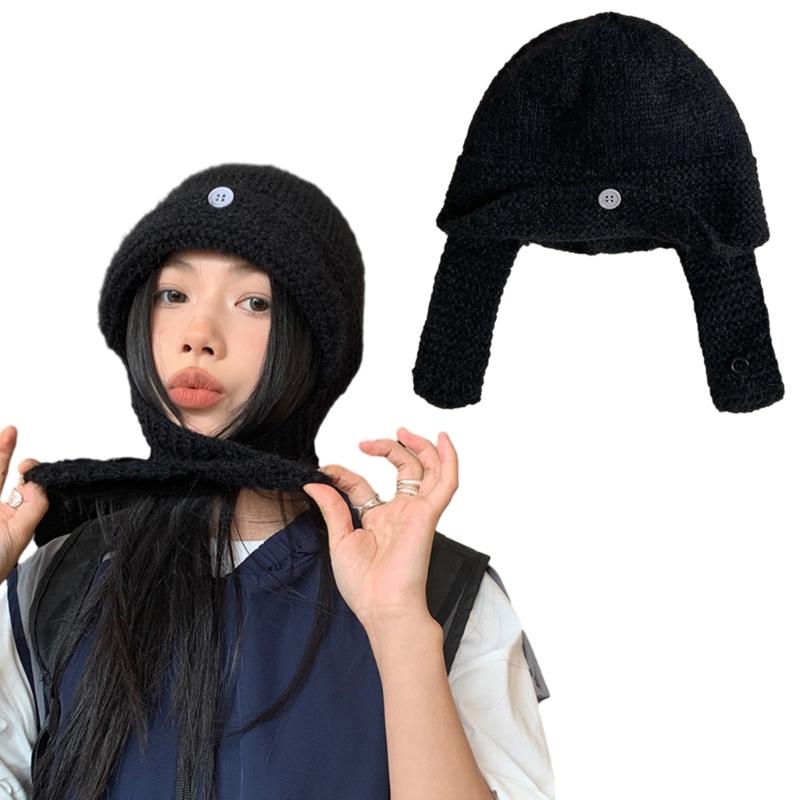 Winter Warm Knit Hat for Women Girl Button EarFlap Beanie Hat Outdoor Activity Scarf Cap Windproof Headwear Pullover Hat