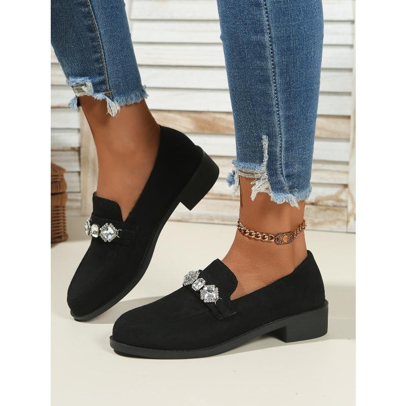 2025 Autumn New Rhinestone Suede Low-Top Shoes Thick Heels British Loafers Women