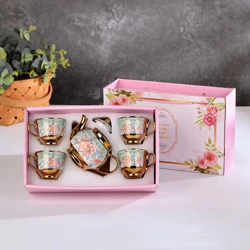 

European Style 2 Cups 1 Pot Gold-plated Ceramic Tea Set Electroplated Coffee Cup Pot Practical Promotional Gift