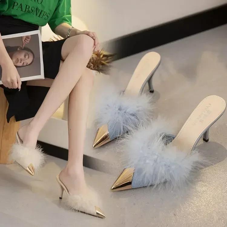 Fur Slippers Woman High Thin Heels Woman Shoes Sexy Pointed Toe Outdoor Slides Fashion Summer House Slippers Flip Flops Sandals