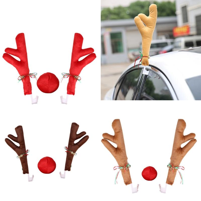 2022 Reindeer Car Kit Christmas Decoration Auto Accessories New Year Supplies Cute Rudolph Nose Elk Antlers Jingle Bell