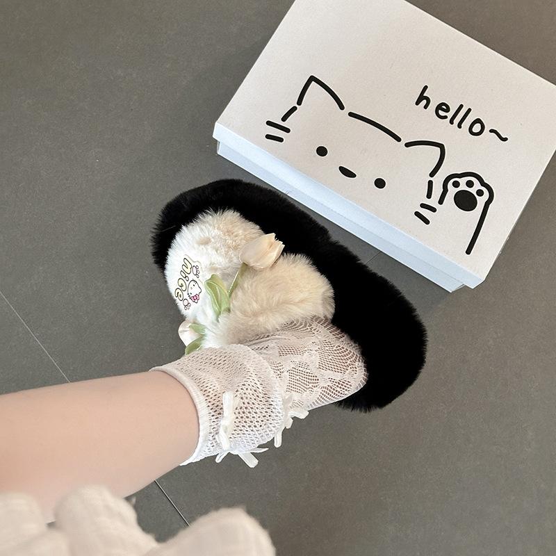Cute Cartoon Tulip One-word Fluffy Slippers Women's Wear Autumn and Winter Fashion Casual Platform Cotton Slippers Single Shoes