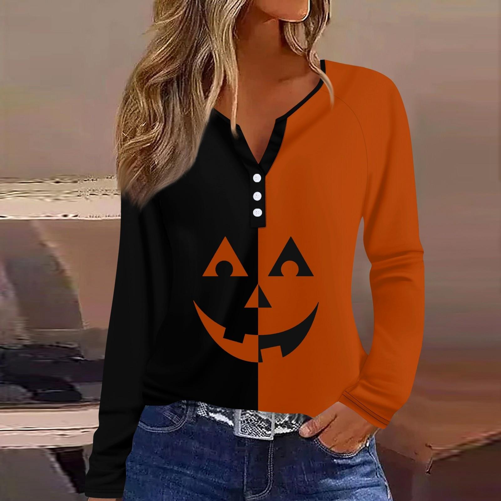 

Женская футболка Футболка с принтом на Хэллоуин и пуговицами Длинный рукав Рукав реглан Повседневные Выходные Мода Классический Топ с v-образным вырезом Обычный Топ XL жёлтый