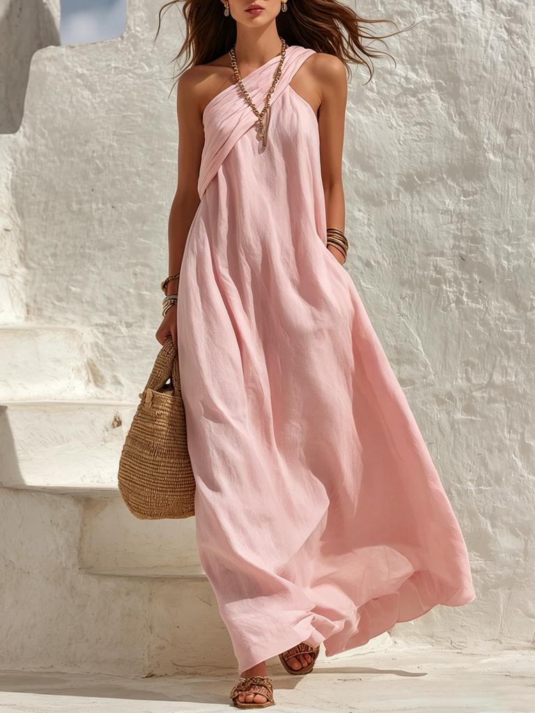 2026 Amazon Independent Station Popular Women's Clothing Casual Personality Slanted Shoulder Pleated Design Loose Solid Color Dress