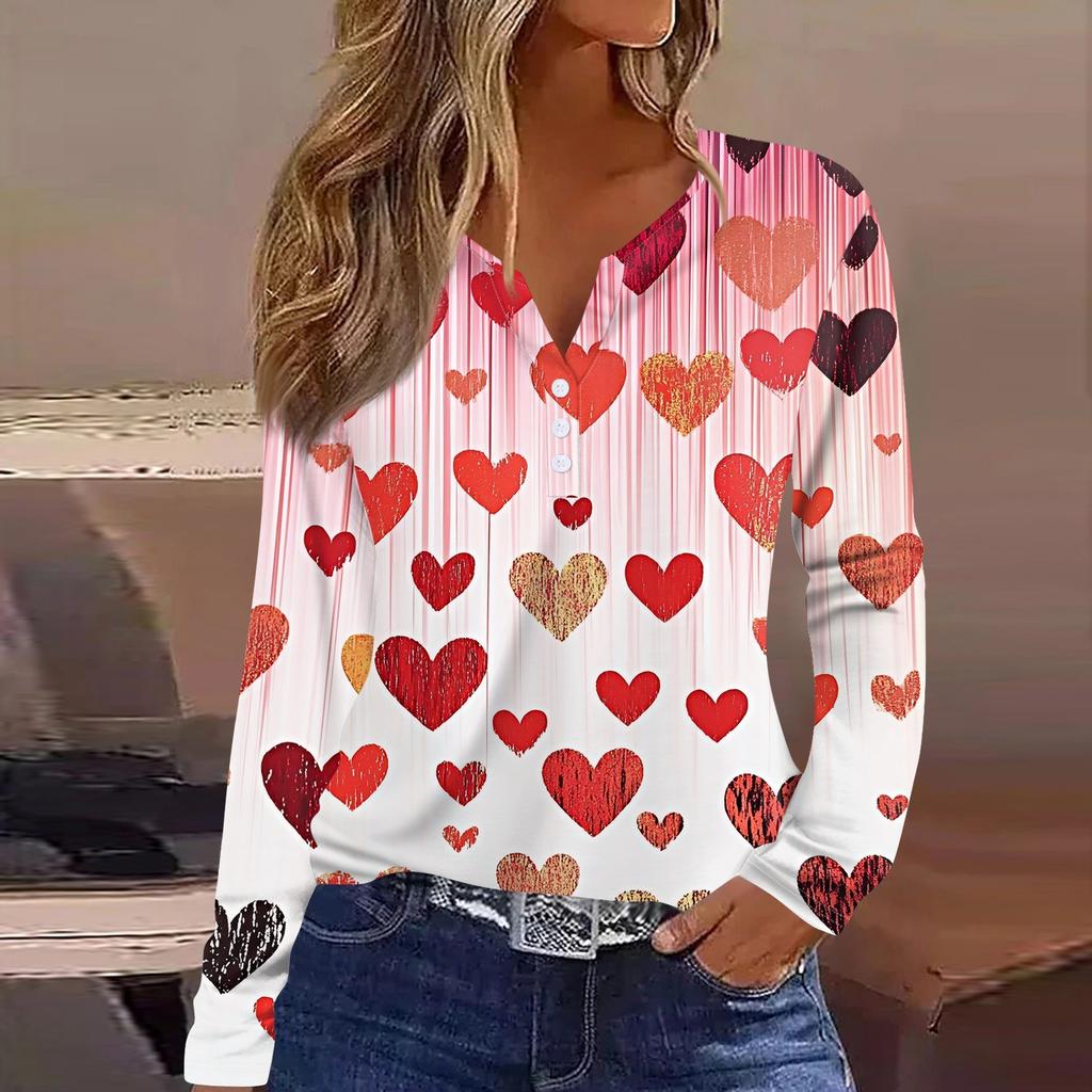 Women's T Shirt Tee Valentine's Day Printed Button Long Sleeve Tunic Daily Weekend Fashion Basic V- Neck Regular Top