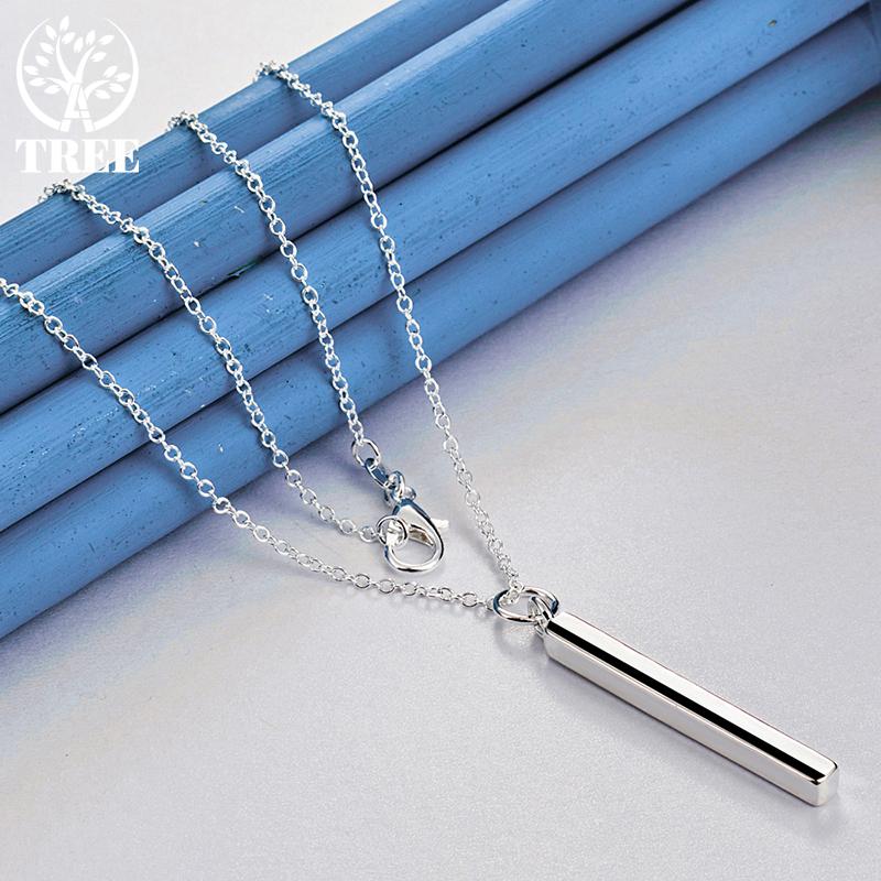 925 Sterling Silver Smooth Square Pillar Pendant Necklace Fashion Jewelry