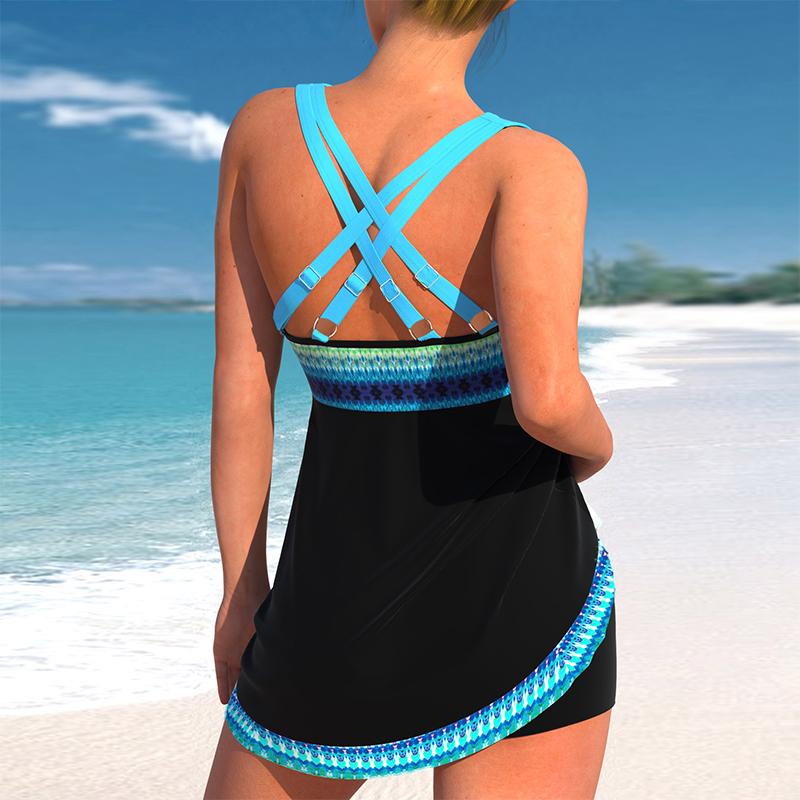 Women's Swimwear Tankini 2 Piece Swimsuit Blue Floral Fragments Print Vacation Bathing Suits