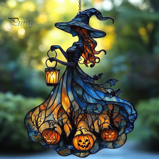 Decorative Chain Hanging Witch Acrylic Suncatcher, Stained Glass Effect Window Car Ornament, Gothic Scary Art with Pumpkin Lantern Sun Catcher