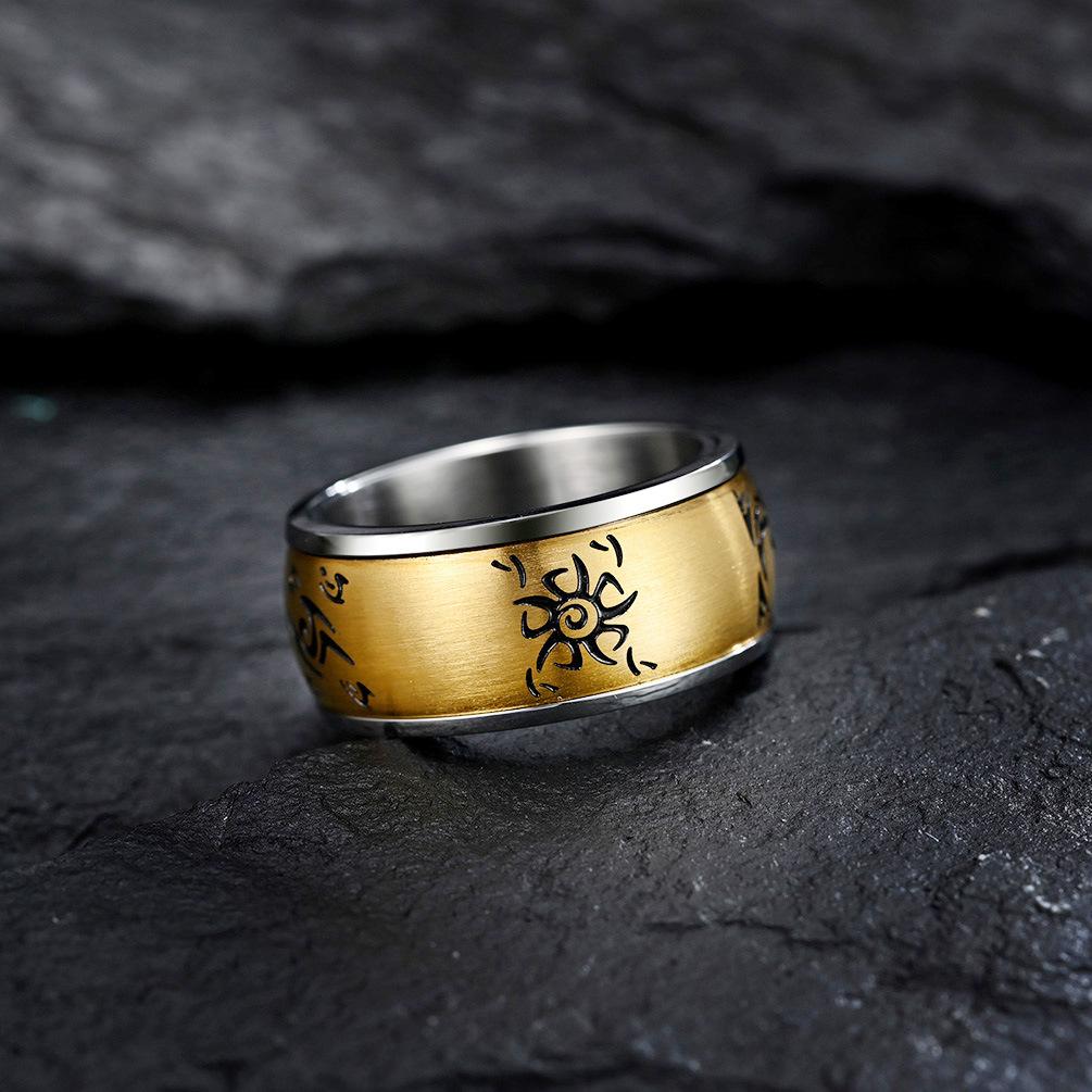 Sun Moon Nebula Electric Rotating Ring with Chinese Style Pattern and Mens Gold Plated Ring Symbolizing Brave Struggle and Tolerance