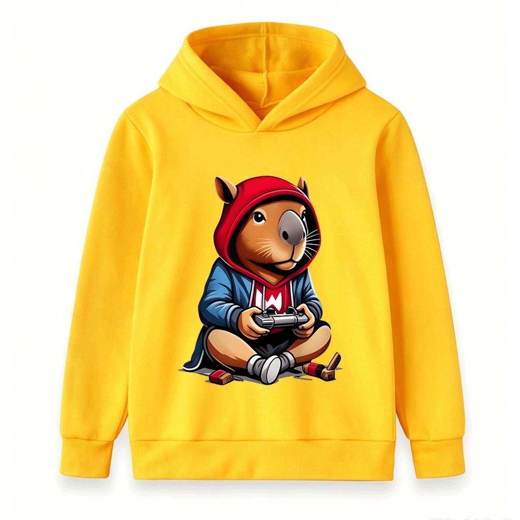 Kids Boys Girls Hoodie, Cute Gamer Capybara Print Casual Pullover Hooded Sweatshirt for Game Lovers Children Tops