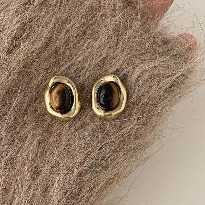 Trendy Tigers Eye Stone Metal Earrings For Women Lightweight Hypoallergenically Jewelry Ear Accessories Gift