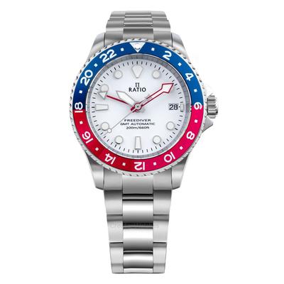 FreeDiver GMT Series Sapphire Stainless Steel White Dial Blue Red Pepsi Bezel Automatic RTF061 200M Men's Watch