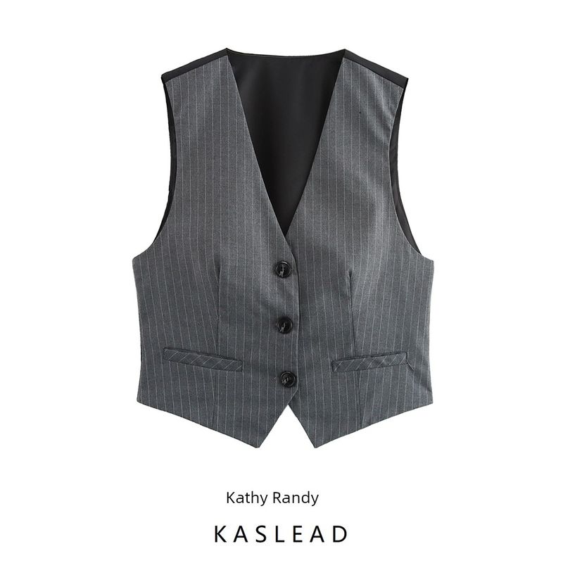 Kaslead New Women clothes Western Style Versitile Fashion Casual Gray Stripe Vest Vest