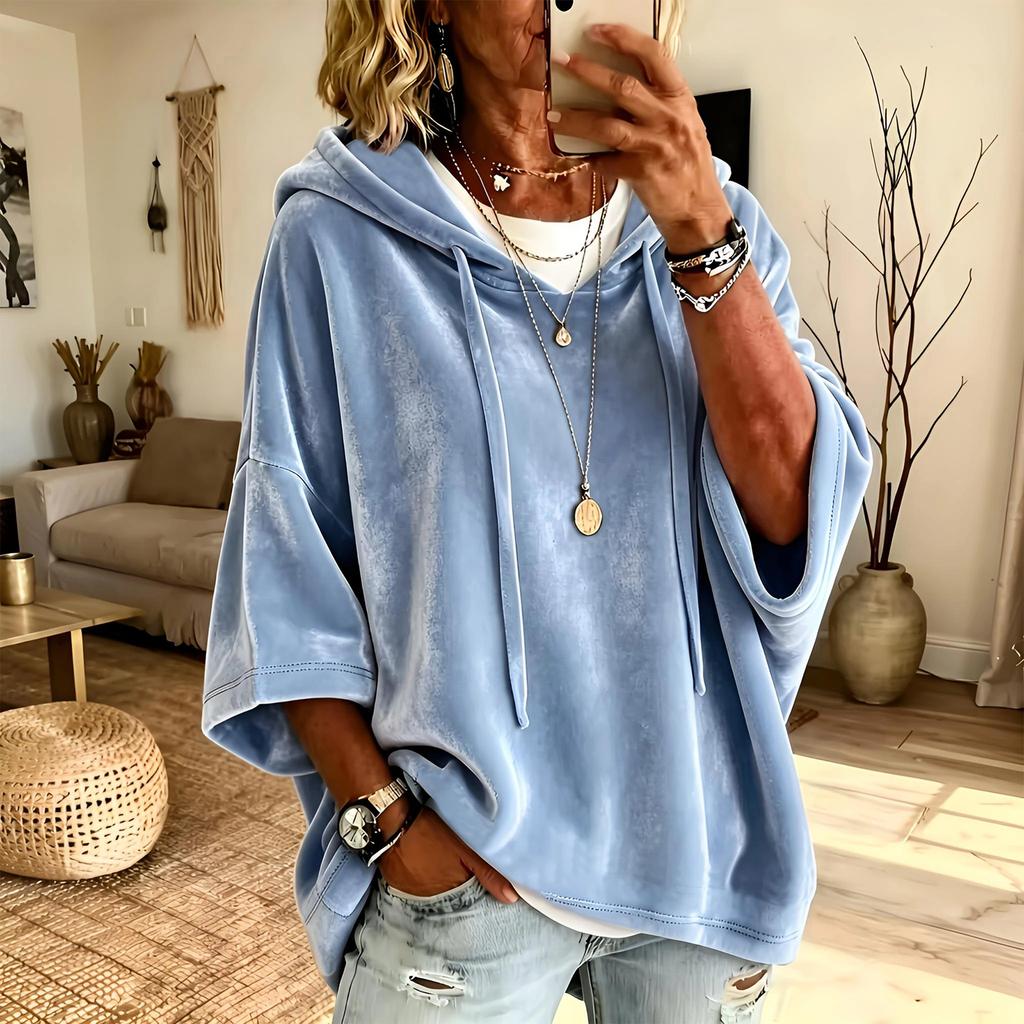 Women's 3/4 Sleeve Velvet Hoodie Color Casual Pullover Top
