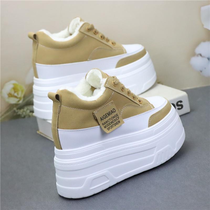 Fashion 12CM Cow Genuine Leather Platform Wedge Causal Autumn Warm Fashion Thick Bottom Women Chunky Sneakers Winter Plush Shoes