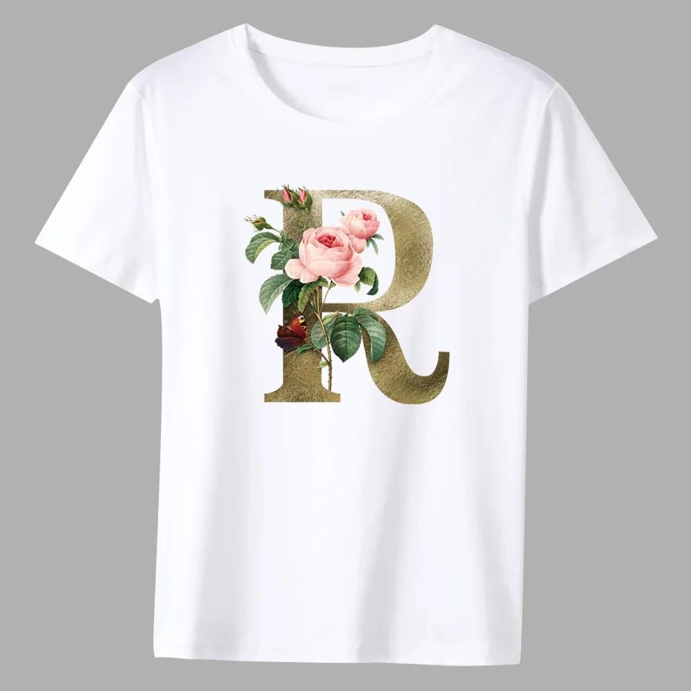 Men's Classic T-shirt Casual O-neck Golden Flower Lettern Printing Pattern Series Commuter All-match Breathable White Shirt