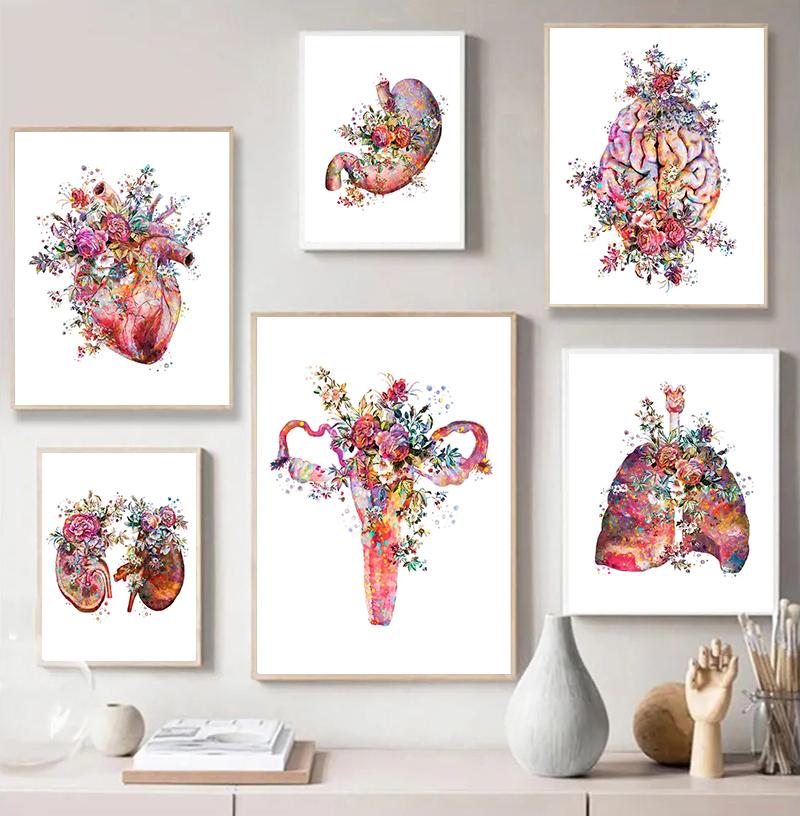 Bunte Anatomie Kunst Blume Organe Herz Lunge Poster und Drucke Medizinische Bildung Wand Kunst Leinwand Malerei Home Dekoration Geschenk