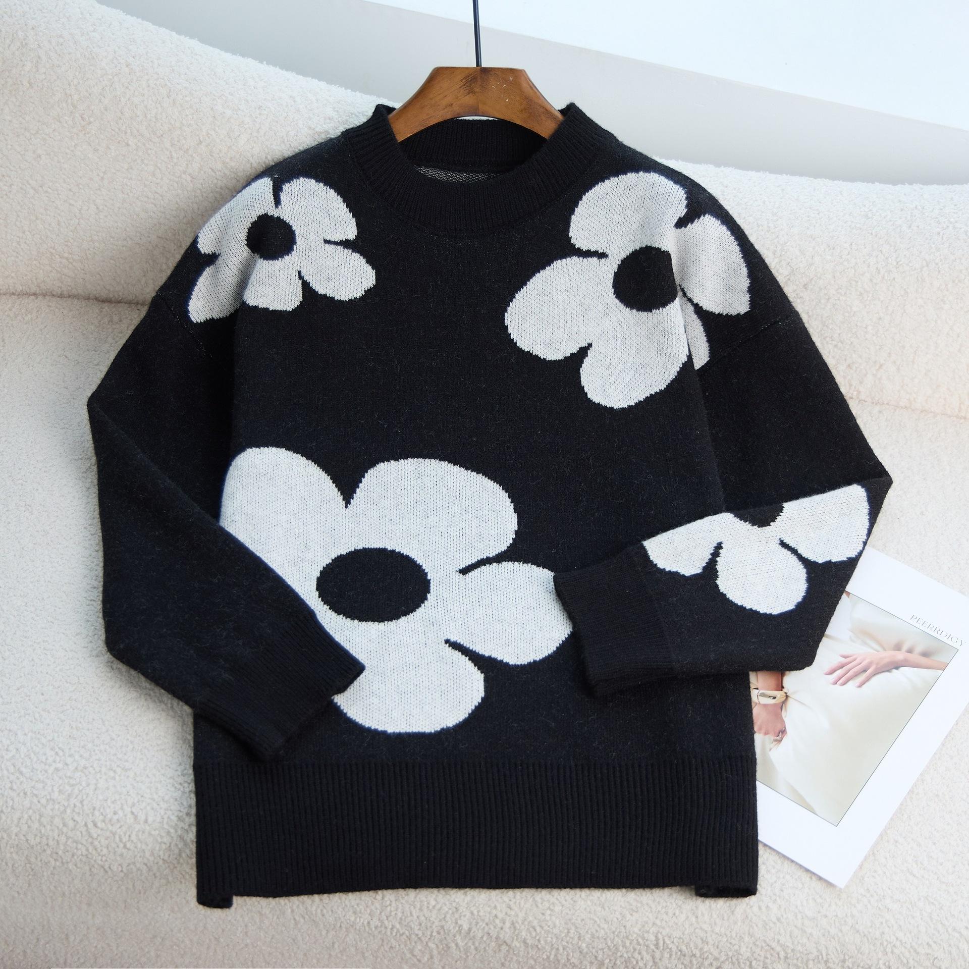 

Осень-Зима 2025 Новый Продукт Длинный Вязаный Топ Модный Тренд Разноцветный Цветочный Вязаный Жаккардовый Свитер Женский L чёрный