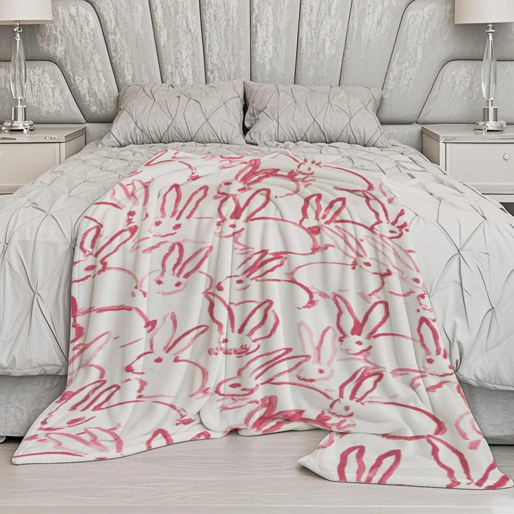 Pink Bunny Pattern Microfiber Flannel Cover Blanket Bedroom Living Room Sofa Soft And Comfortable Home Decoration